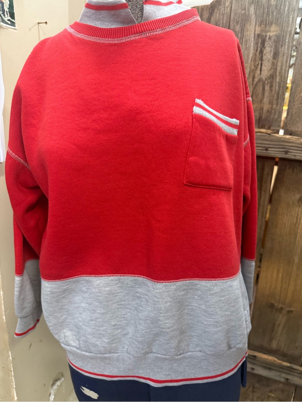 Colorblock Red and Light Gray Crewneck Sweater with Pocket